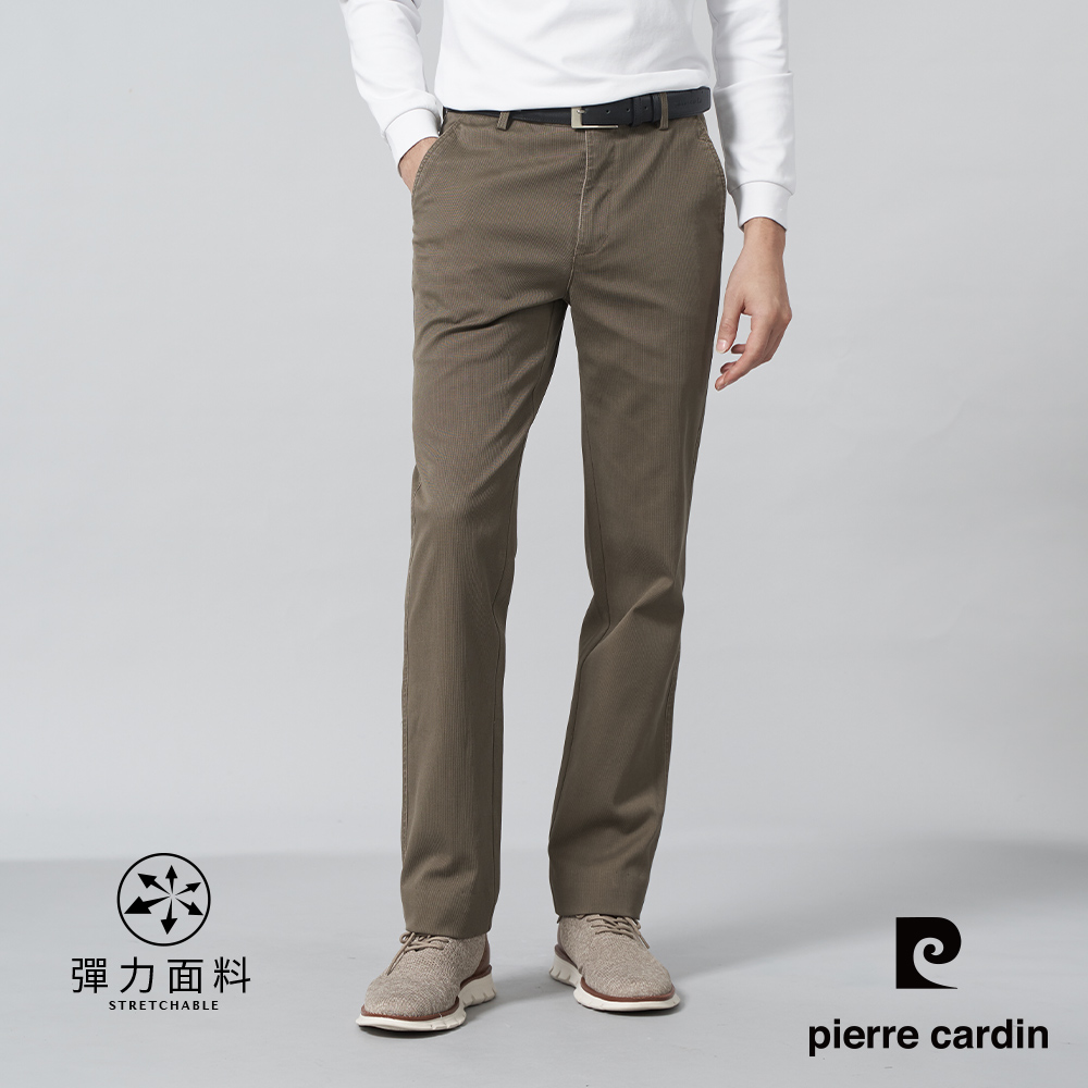 【pierre cardin皮爾卡登】男裝 棉質混紡微彈性平口休閒長褲-綠卡其 (5245871-47)