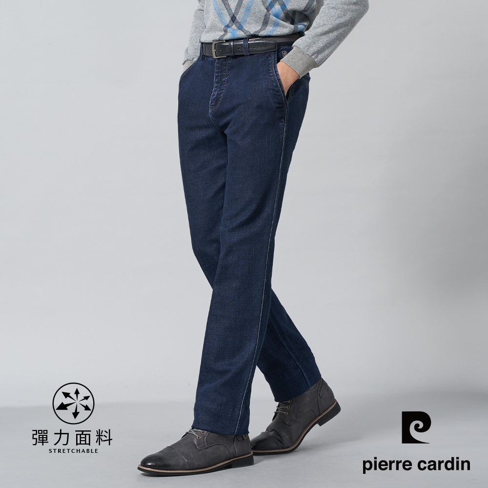 【pierre cardin皮爾卡登】男裝 微彈性牛仔平口休閒長褲-藍色 (5245877-38)