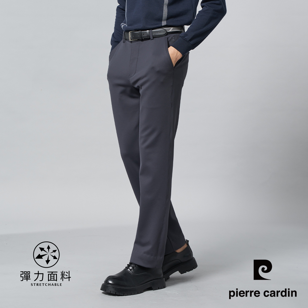 【pierre cardin皮爾卡登】男裝 彈性素色平口休閒長褲-灰色 (5245835-98)