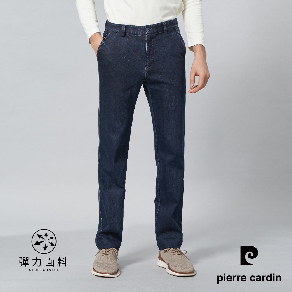 【pierre cardin皮爾卡登】男裝 微彈性牛仔平口休閒長褲-藍色 (5245876-39)