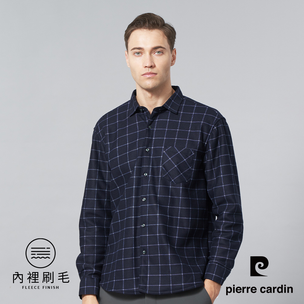 【pierre cardin皮爾卡登】男裝 休閒格紋內裡加絨長袖襯衫-藍色 (5245163-38)