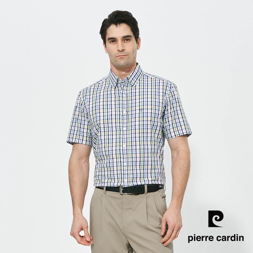 【pierre cardin 皮爾卡登】男款 純棉吸濕速乾格紋鳥嘴領休閒短袖襯衫-藍色 (5257105-38)
