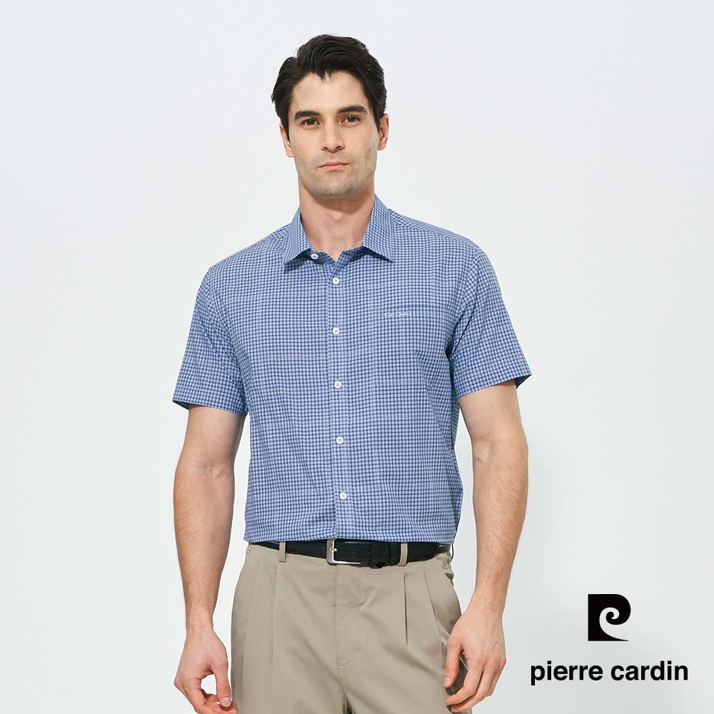 【pierre cardin 皮爾卡登】男款 棉質混紡吸濕速乾格紋一般領休閒短袖襯衫-藍色 (5257162-35)