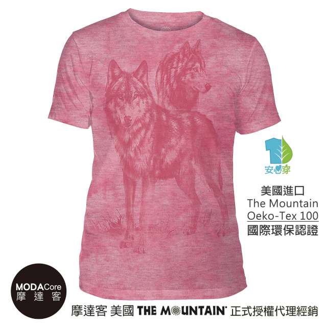 摩達客-美國The Mountain都會系列 雙狼出任務粉紅底 中性修身短袖T恤