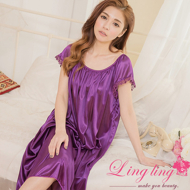 lingling A2880-03大尺碼-誘惑女人素面抓褶冰絲短袖蕾絲花邊連身裙睡衣(典雅深紫)