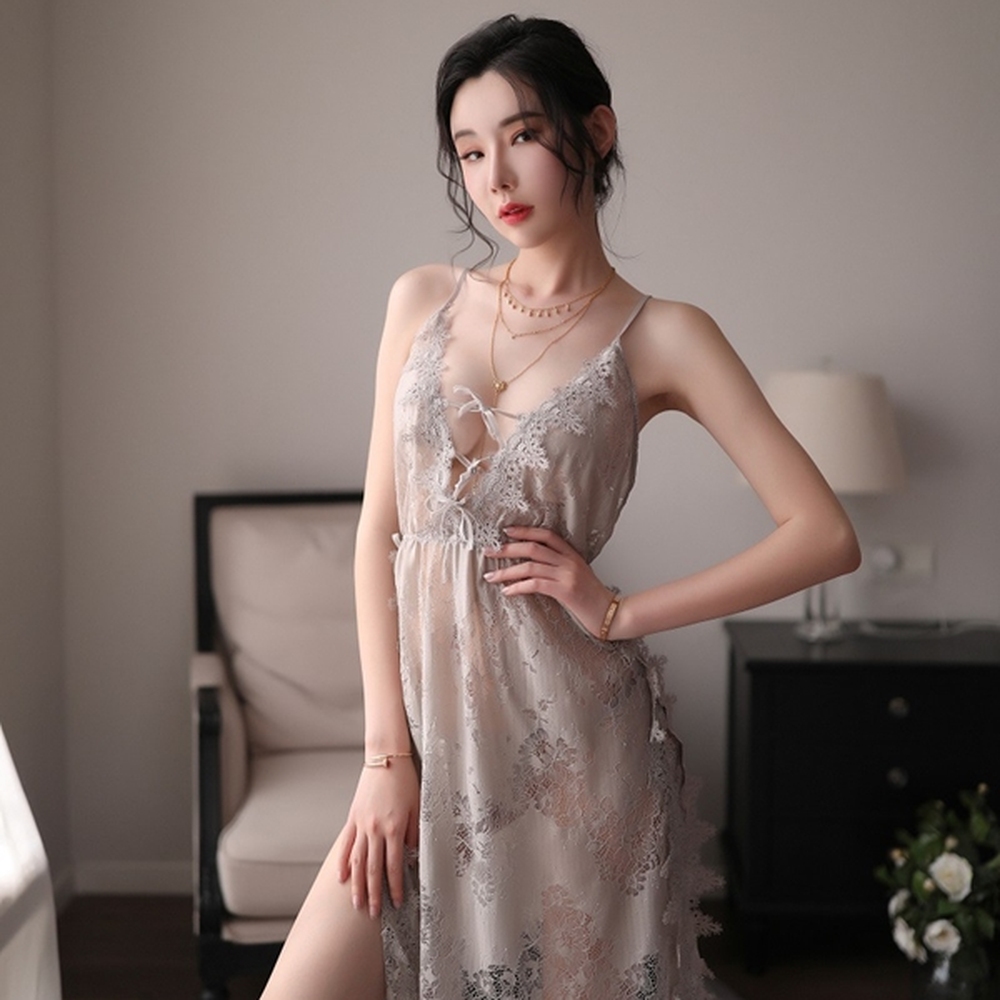 《小女人》喚醒 裸背睫毛蕾絲性感薄紗睡衣透視睡裙側開叉-灰