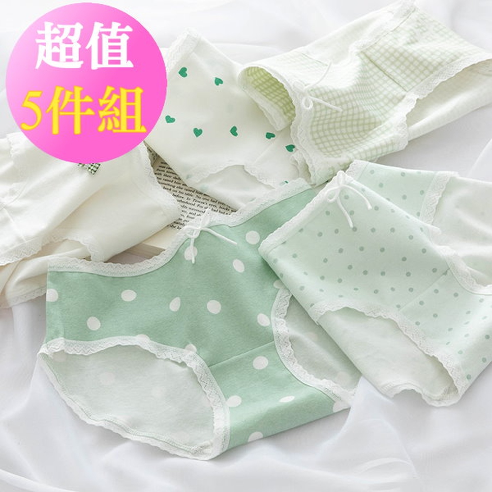 少女系內衣褲。日系波點清新抹茶色 低腰學生棉質三角內褲 5件入