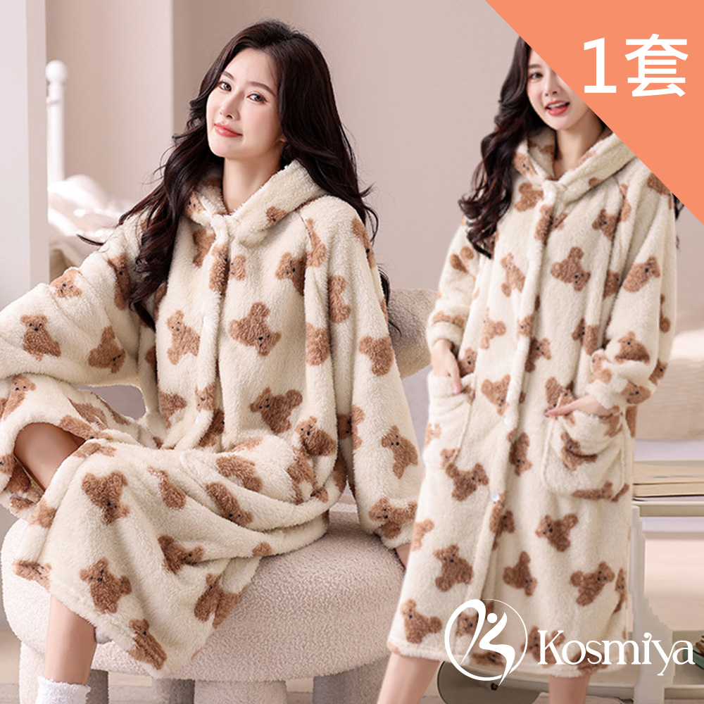 【Kosmiya】1套 法蘭絨保暖可愛小熊睡袍/女睡衣/長袖睡衣/連身洋裝/洋裝/保暖睡衣