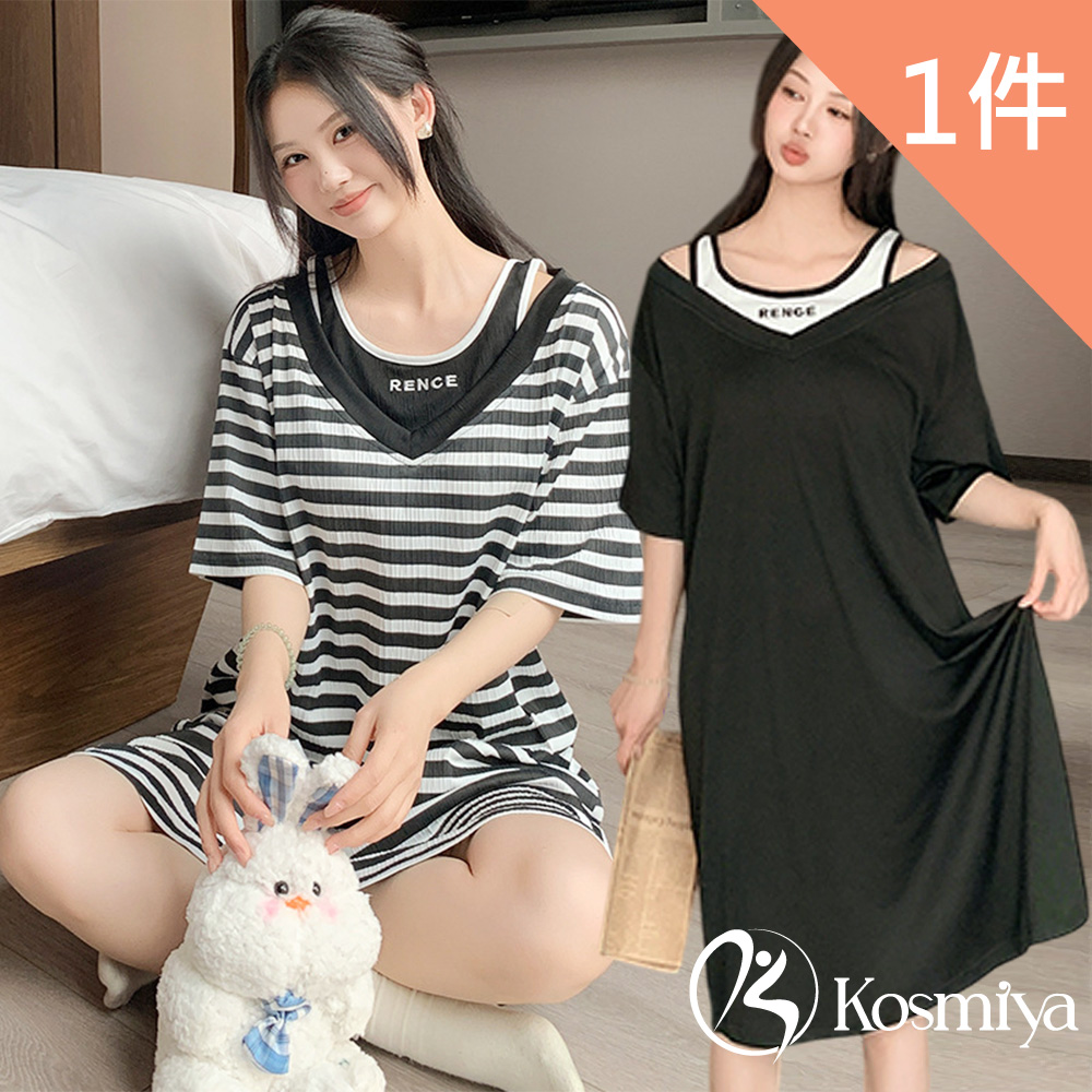 【Kosmiya】1套 帶胸墊 棉質 簡約甜心短袖睡裙/女睡衣/睡裙/居家服/連身洋裝/洋裝