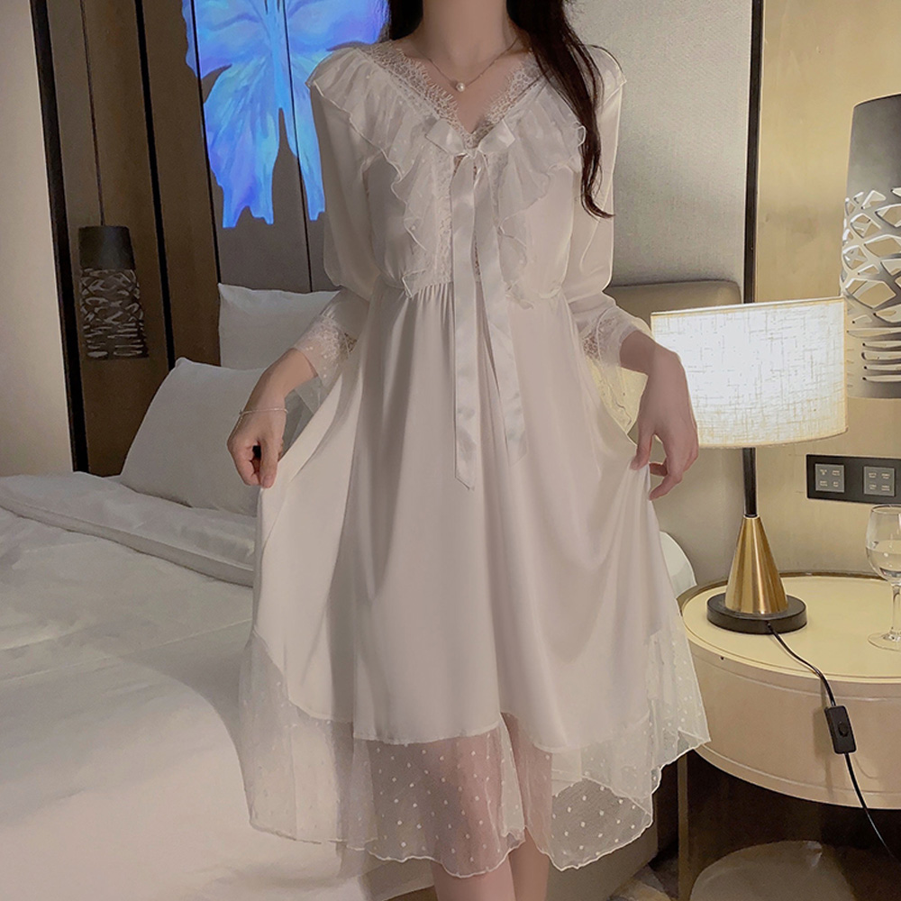 唯美長袖睡衣 清純白色性感睡衣～流行E線A7652