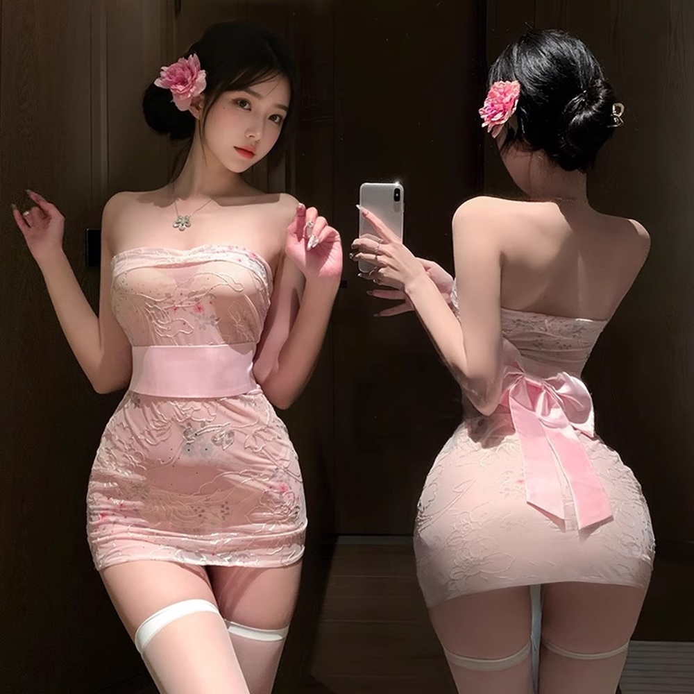 《小女人》日式平口抹胸短裙刺繡印花和服角色扮演制服睡衣-櫻花粉