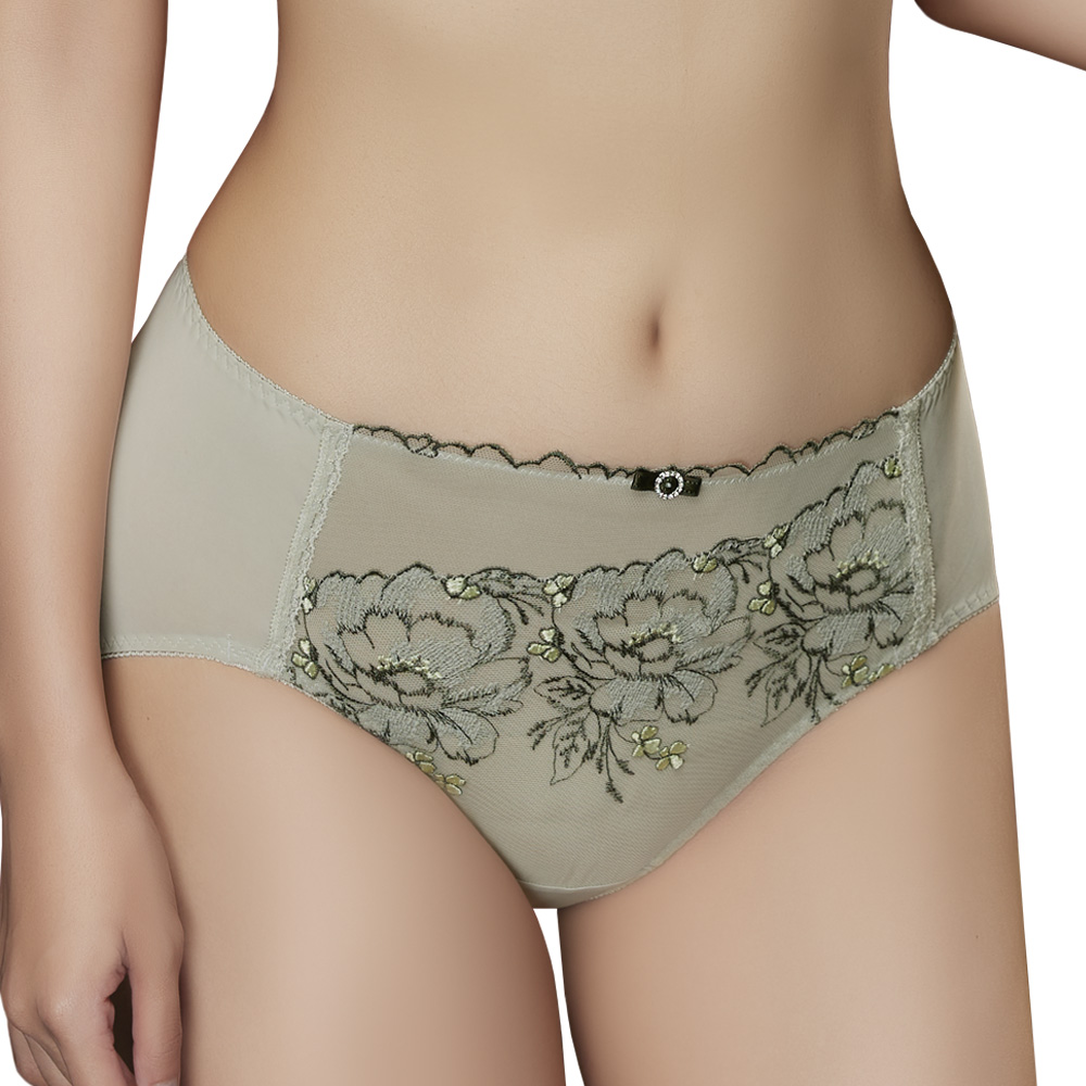 【思薇爾】仲夏玫瑰系列M-XXL蕾絲刺繡中腰三角女內褲(流沙綠)