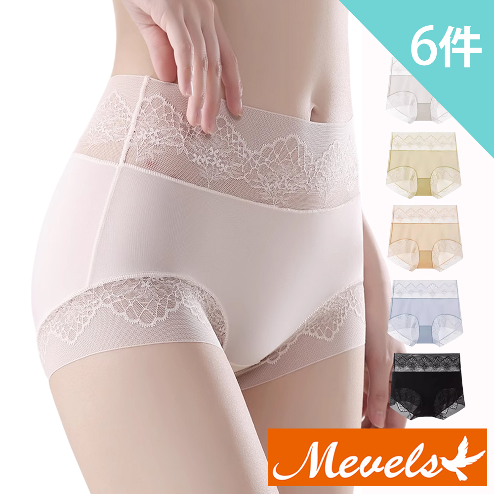 Mevels瑪薇絲-6件組 戀愛蕾絲微收腹中高腰內褲/透氣底襠/女內褲/絲滑內褲(M-XL)
