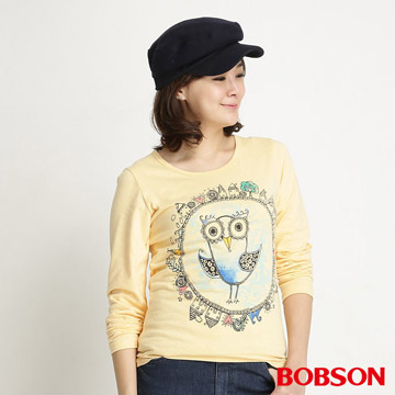 【BOBSON】 女款貓頭鷹印圖長袖上衣(黃34099-30)