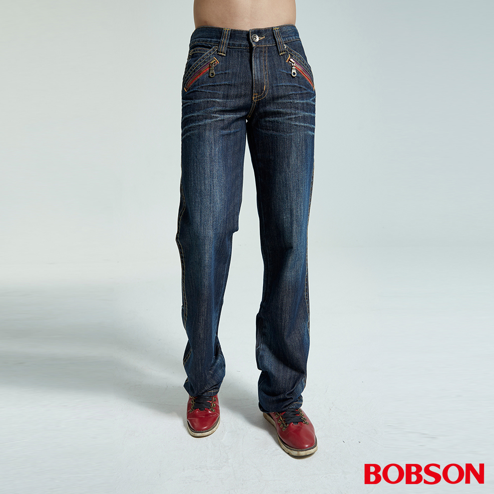 【BOBSON 】男款雙色拉鍊中藍中直筒褲(1736-53)