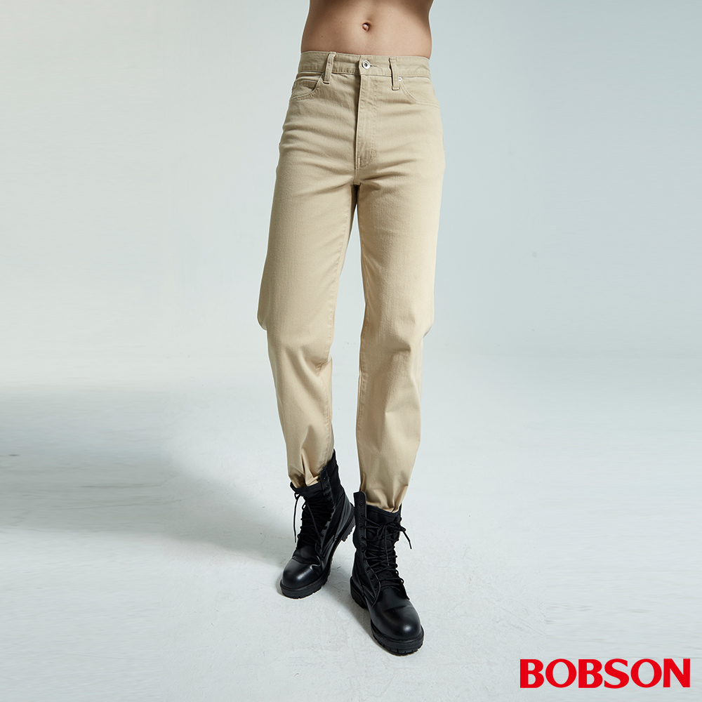 【BOBSON】男款結紗伸縮直筒褲(卡其1695-72)