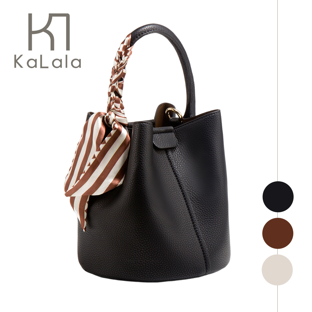 KaLala 法式經典 優雅兩用手提斜背小牛皮水桶包 黑色