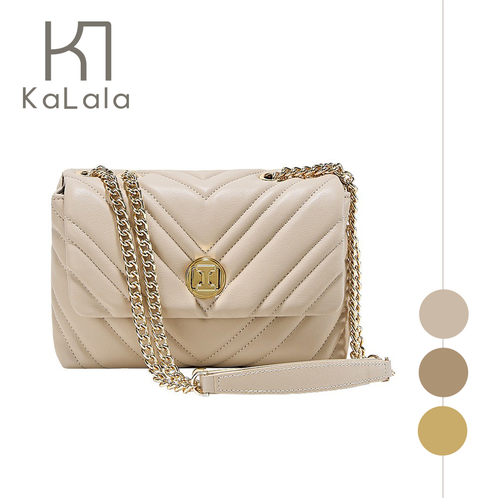 KaLala 法式經典 菱格紋鏈條小方包/單肩斜背兩用手拿包 杏色