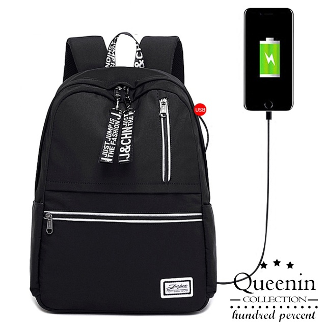 DF Queenin日韓 - 休閒街頭風USB多功能防潑水尼龍後背包-共3色