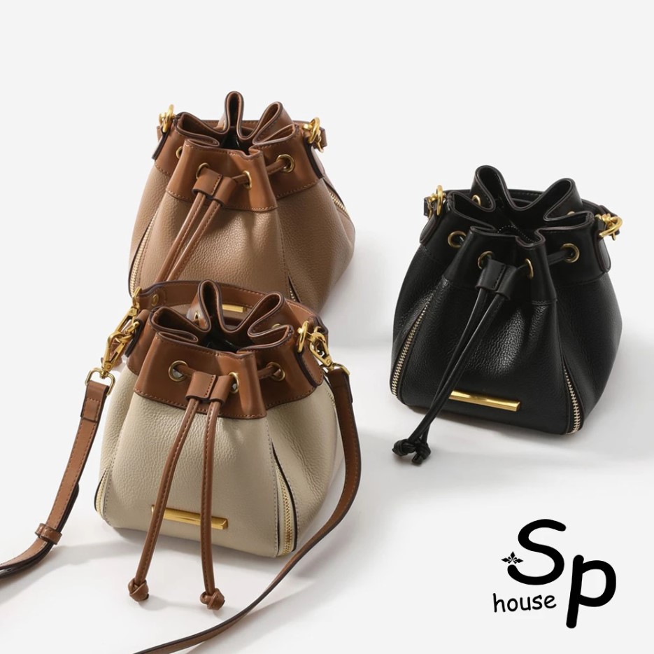 【Sp house】韓國時尚小眾真皮抽繩撞色水桶包(3色能選)