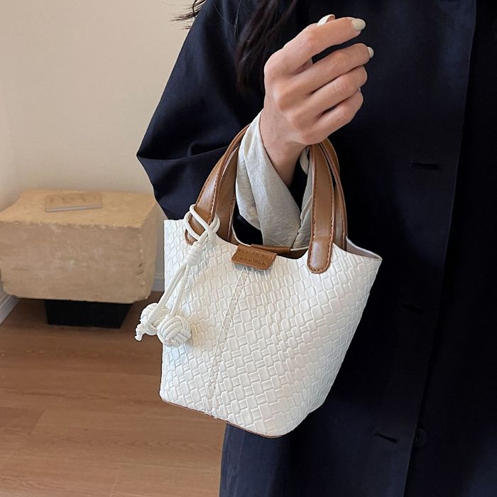 RAY FAIR 美好生活系列 時尚迷你編織感手提水桶包 米白色
