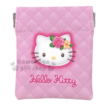 〔小禮堂〕Hello Kitty 迷你方形皮質零錢包《粉.菱格》收納包.耳機包