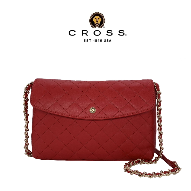 【CROSS】限量1折頂級NAPPA小牛皮菱格紋肩揹包(紅色 專櫃展示品99%新)