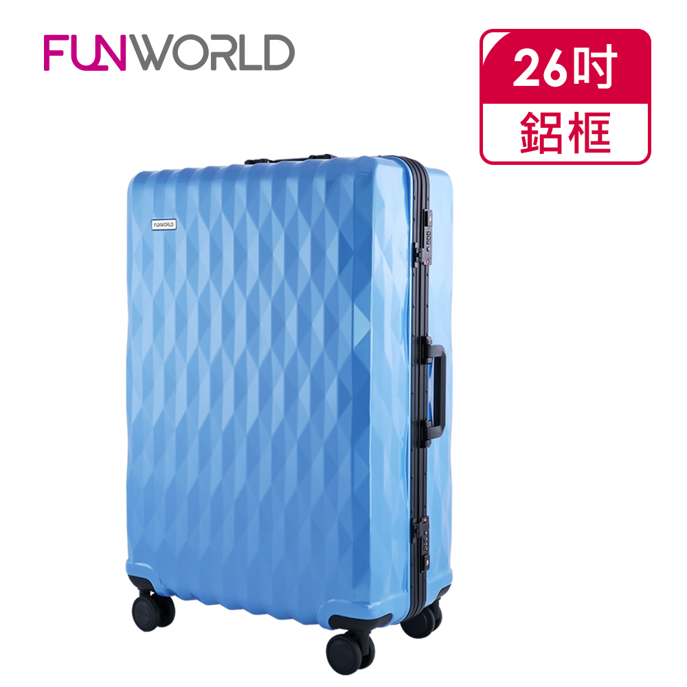 【FUNWORLD】26吋鑽石紋經典鋁框輕量行李箱/旅行箱(沁心藍)