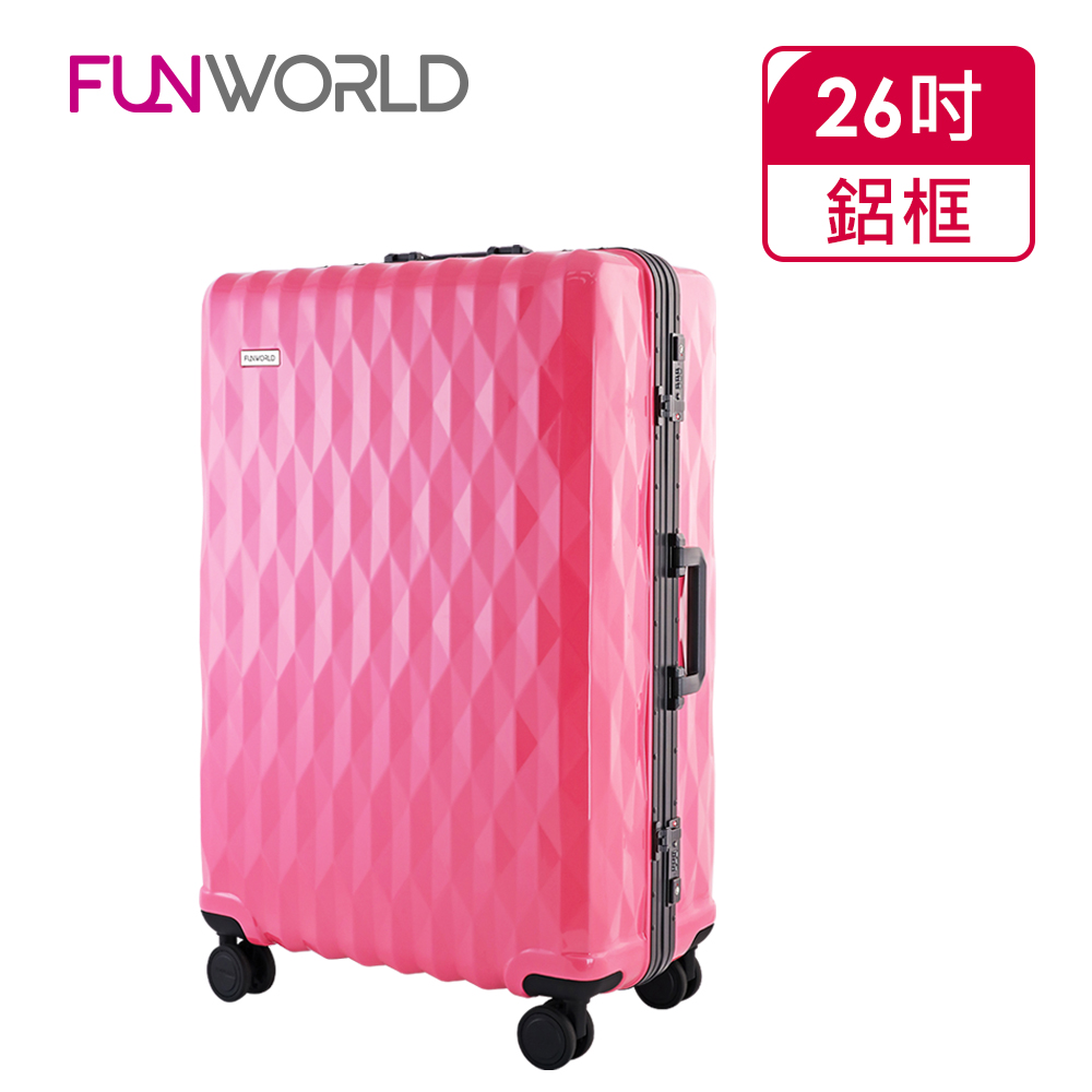 【FUNWORLD】26吋鑽石紋經典鋁框輕量行李箱/旅行箱(蜜桃粉)