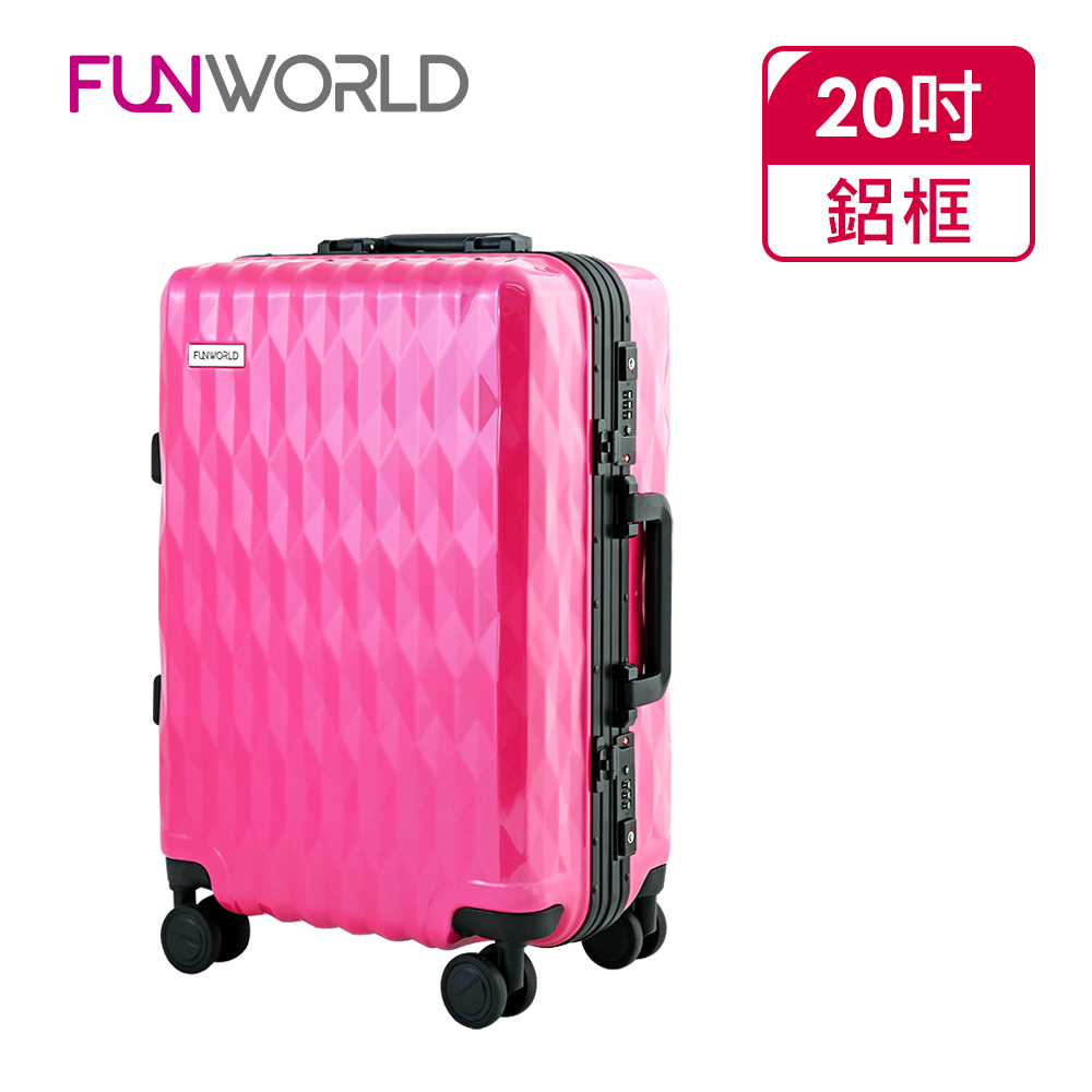 【FUNWORLD】20吋鑽石紋經典鋁框輕量行李箱/旅行箱(孔雀桃)