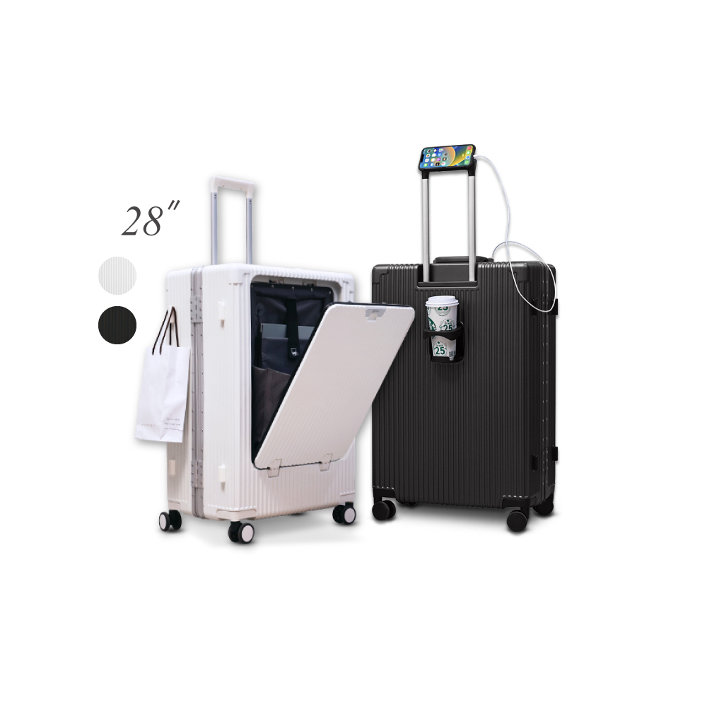 Arlink 28吋純PC行李箱 鋁框箱 多功能前開式擴充 飛機輪(旅行箱/ TSA海關鎖/專屬防塵套/月光白/鋰石灰)