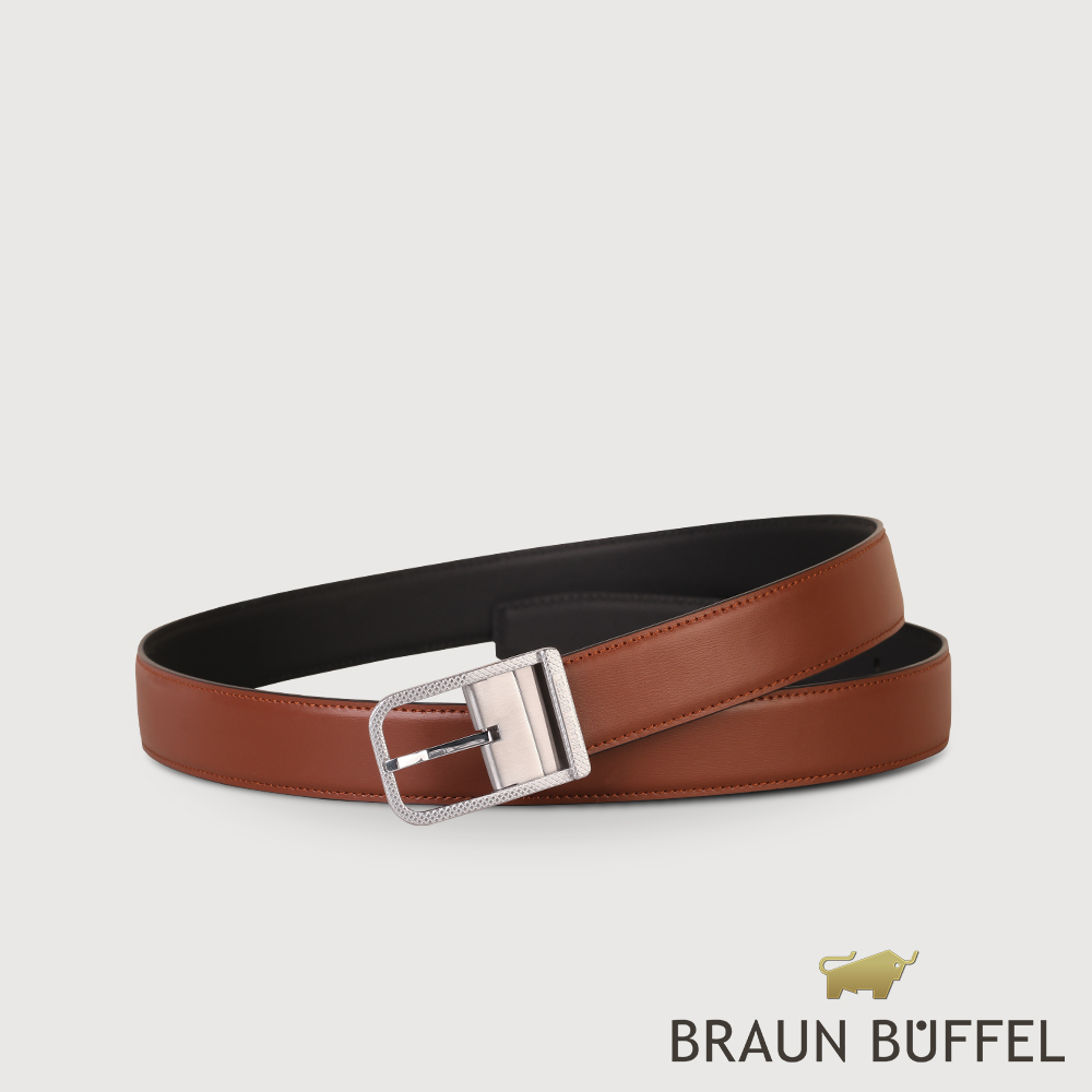 【BRAUN BUFFEL 德國小金牛】臺灣總代理 商務型男 方格壓紋穿針式皮帶-咖啡/BF24B-WEG043-BR