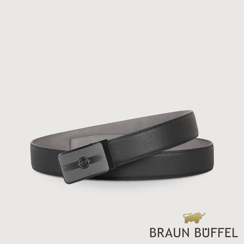 【BRAUN BUFFEL 德國小金牛】台灣總代理 商務型男 LOGO無齒自動扣皮帶-黑/BF24B-WEG044-BK