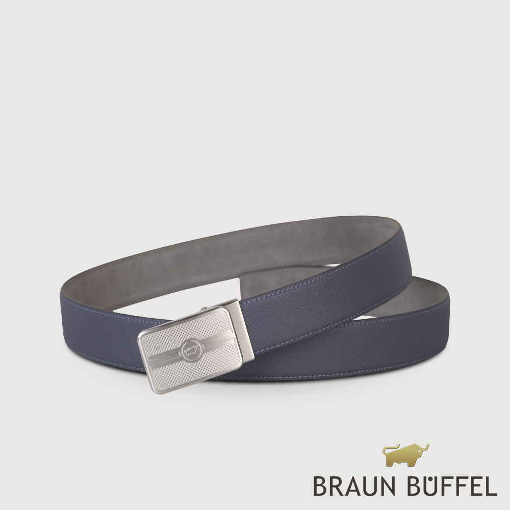 【BRAUN BUFFEL 德國小金牛】台灣總代理 商務型男 LOGO無齒自動扣皮帶-深藍/BF24B-WEG044-NY