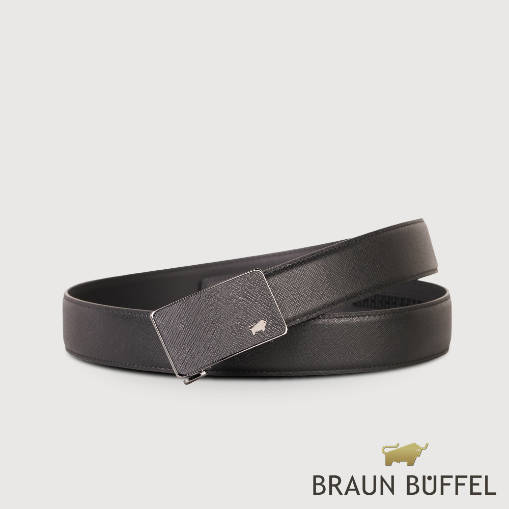 【BRAUN BUFFEL 德國小金牛】台灣總代理 商務型男 十字壓紋自動扣皮帶-黑/BF24B-WEG046-BK