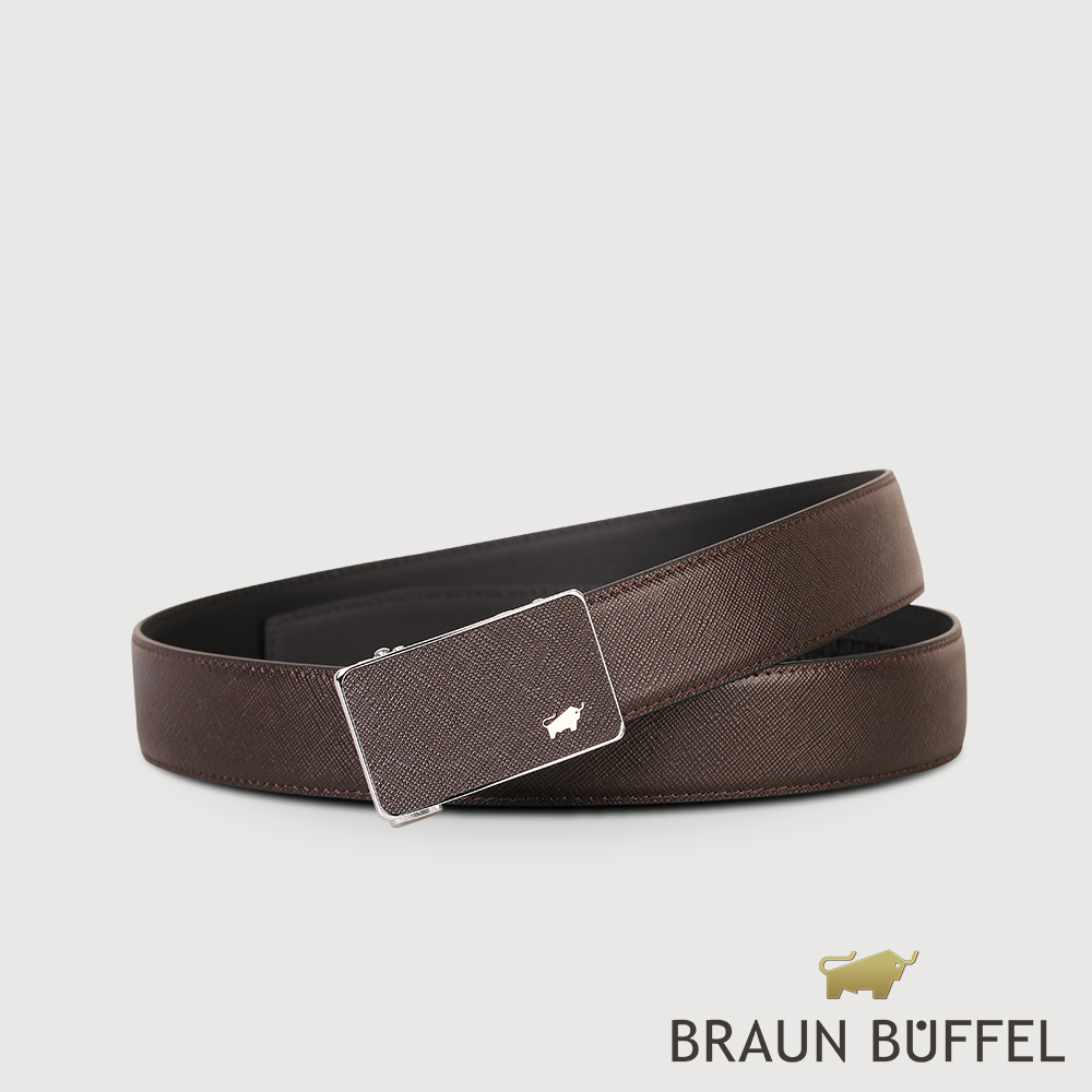 【BRAUN BUFFEL 德國小金牛】臺灣總代理 商務型男 十字壓紋自動扣皮帶-咖啡/BF24B-WEG046-BR