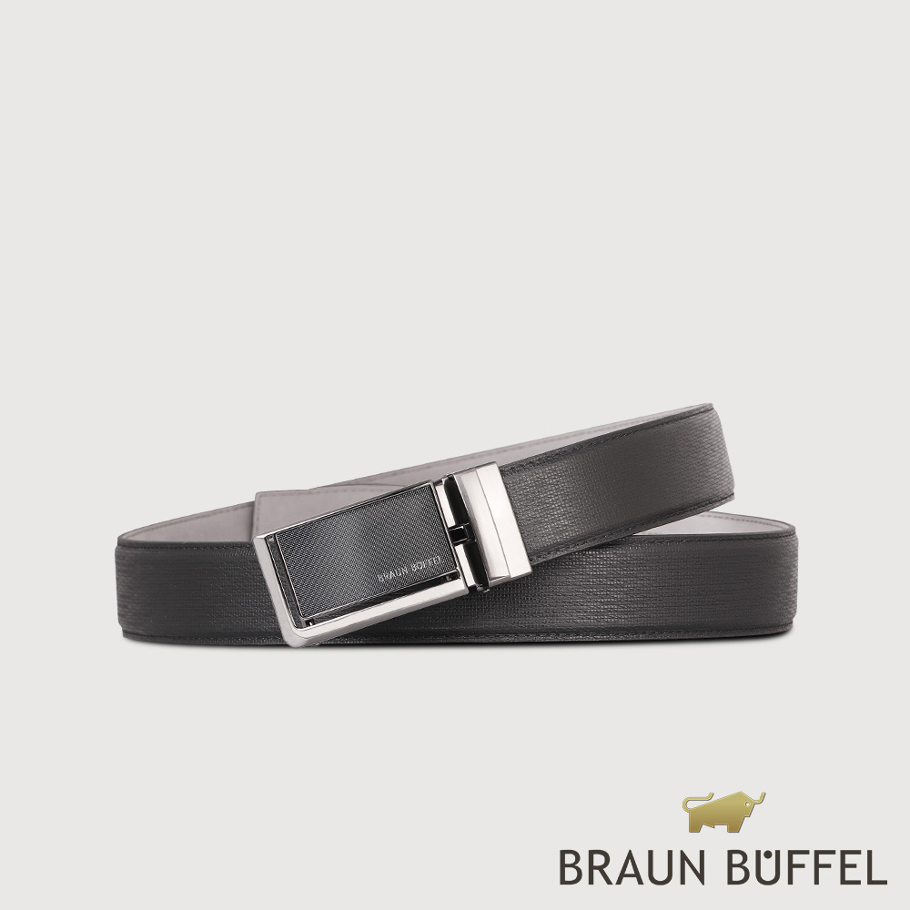 【BRAUN BUFFEL 德國小金牛】台灣總代理 商務型男 壓印無齒自動扣皮帶-鎗色/BF24B-RO022-SGU