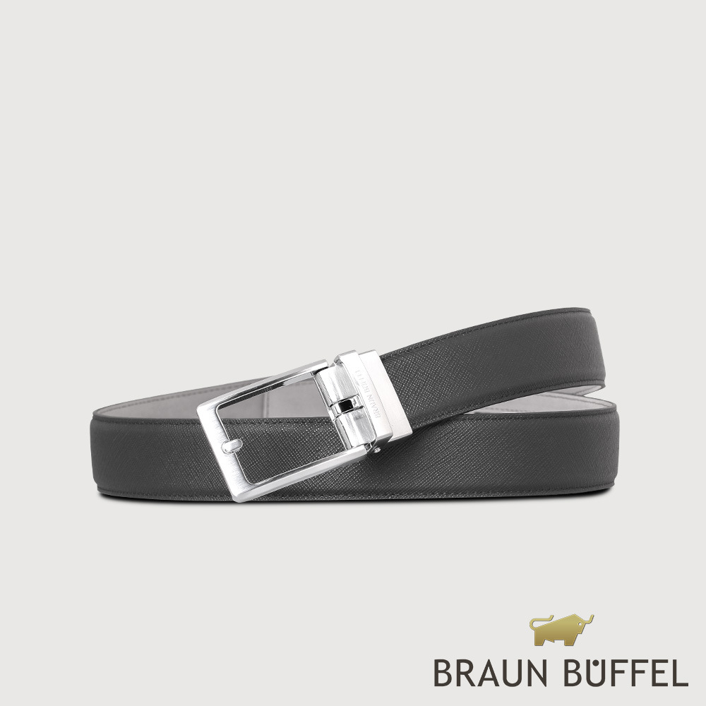 【BRAUN BUFFEL 德國小金牛】臺灣總代理 商務型男 鏤空帶頭無齒自動扣皮帶-銀色/BF24B-RO023-SNK