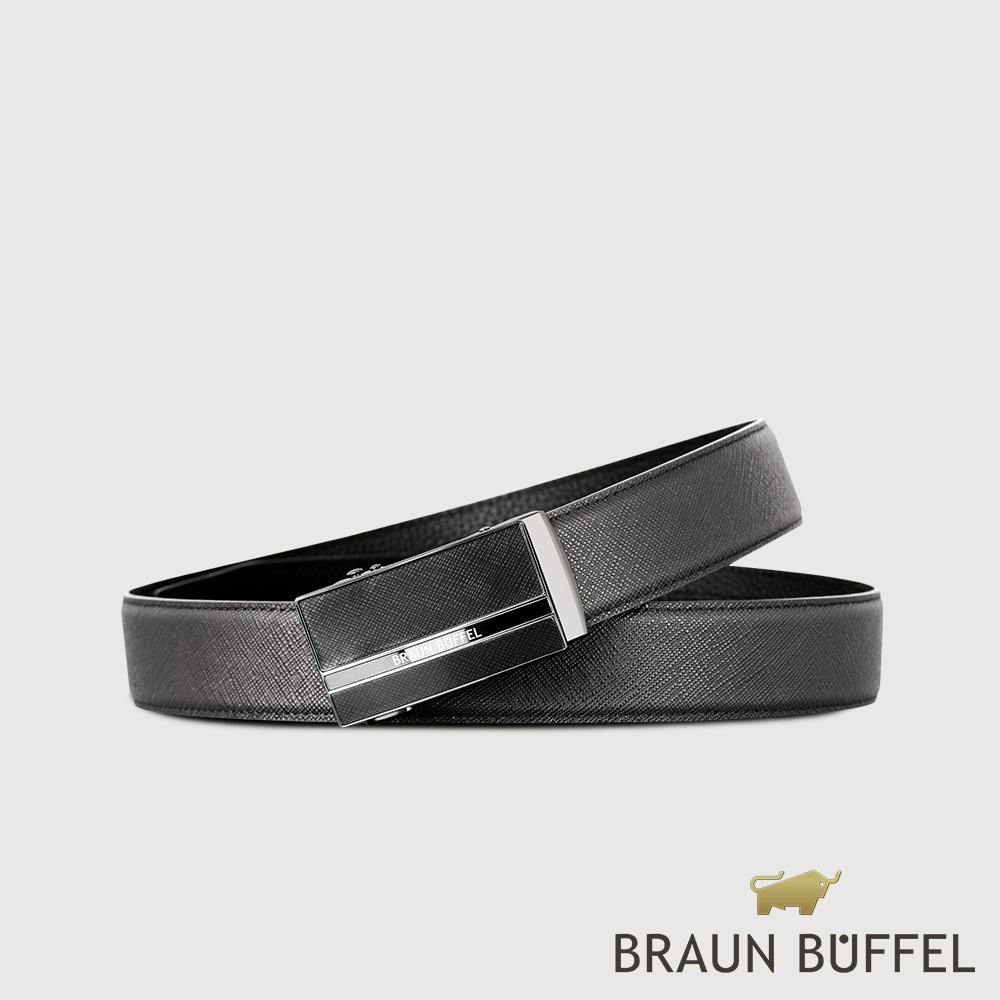 【BRAUN BUFFEL 德國小金牛】臺灣總代理 商務型 十字壓紋自動扣皮帶-鎗色/BF24S-WEG207-SGU