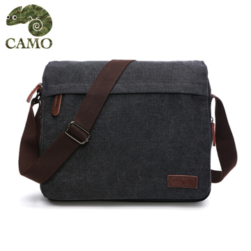 【品樂．CAMO】韓版帆布可擴充側背包電腦包(黑色)