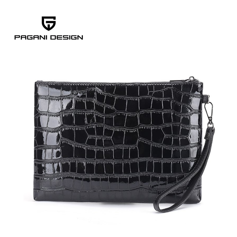PAGANI 義大利頂級進口皮料 時尚鱷魚紋亮面手拿包