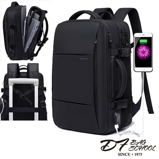 DF BAGSCHOOL - 商務旅行多功能USB充電減壓後背包-黑色