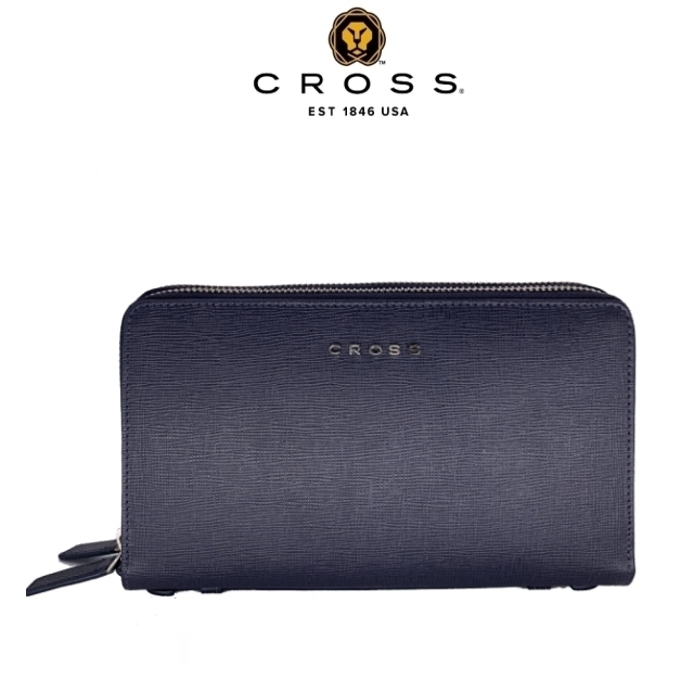 CROSS 頂級NAPPA小牛皮十字紋雙拉鍊手拿包 附高貴送禮提袋(深藍色)