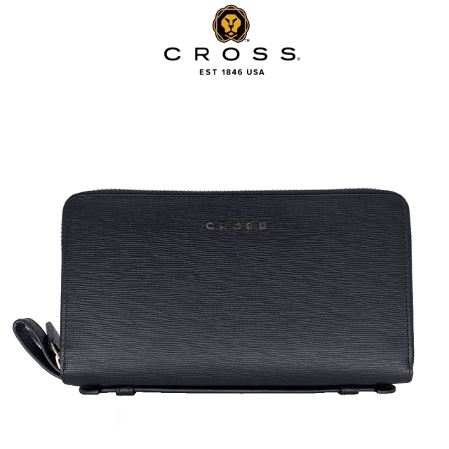 CROSS 頂級NAPPA小牛皮十字紋雙拉鍊手拿包 附高貴送禮提袋(黑色)