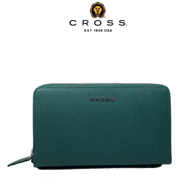 CROSS 頂級NAPPA小牛皮十字紋雙拉鍊手拿包 附高貴送禮提袋(綠色)