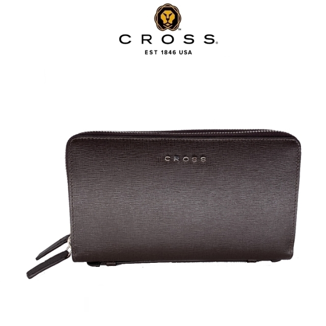 CROSS 頂級NAPPA小牛皮十字紋雙拉鍊手拿包 附高貴送禮提袋(咖啡色)