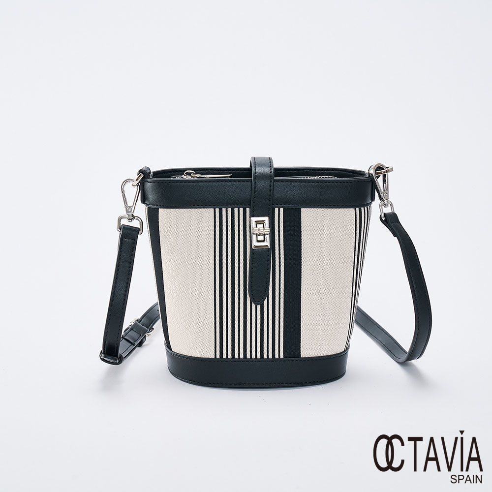OCTAVIA 8 - 獨立條碼 黑白直紋肩斜二用水桶包 - 無價黑