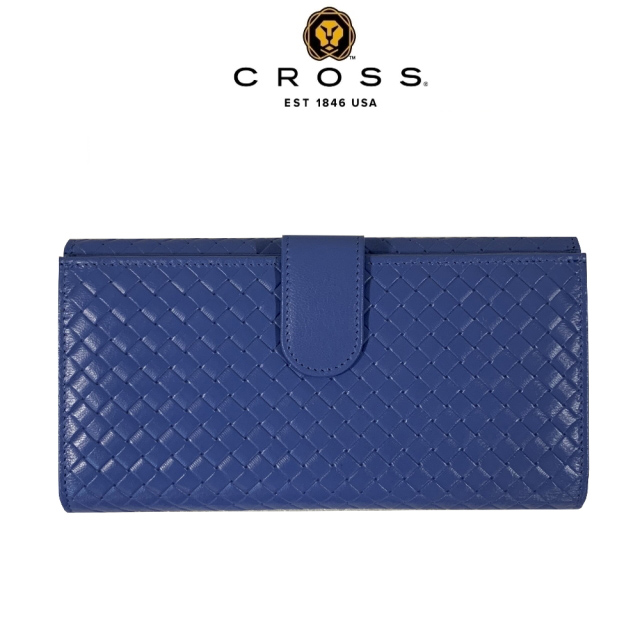 CROSS 限量1折 頂級NAPPA小羊皮編織紋中扣式長夾 專櫃展示品99%新(海軍藍 附贈原廠送禮提袋)