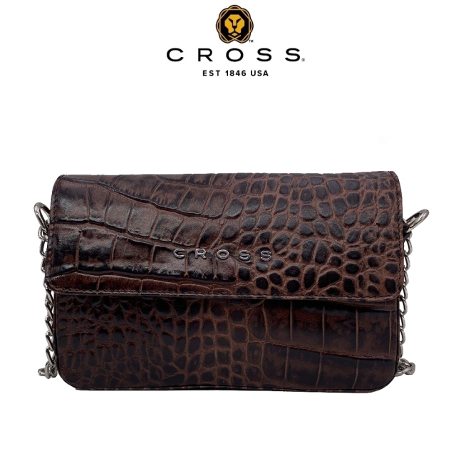 CROSS 限量1折 經典NAPPA小牛皮鱷魚紋鈕扣側背包 專櫃展示品 99%新(咖啡色)