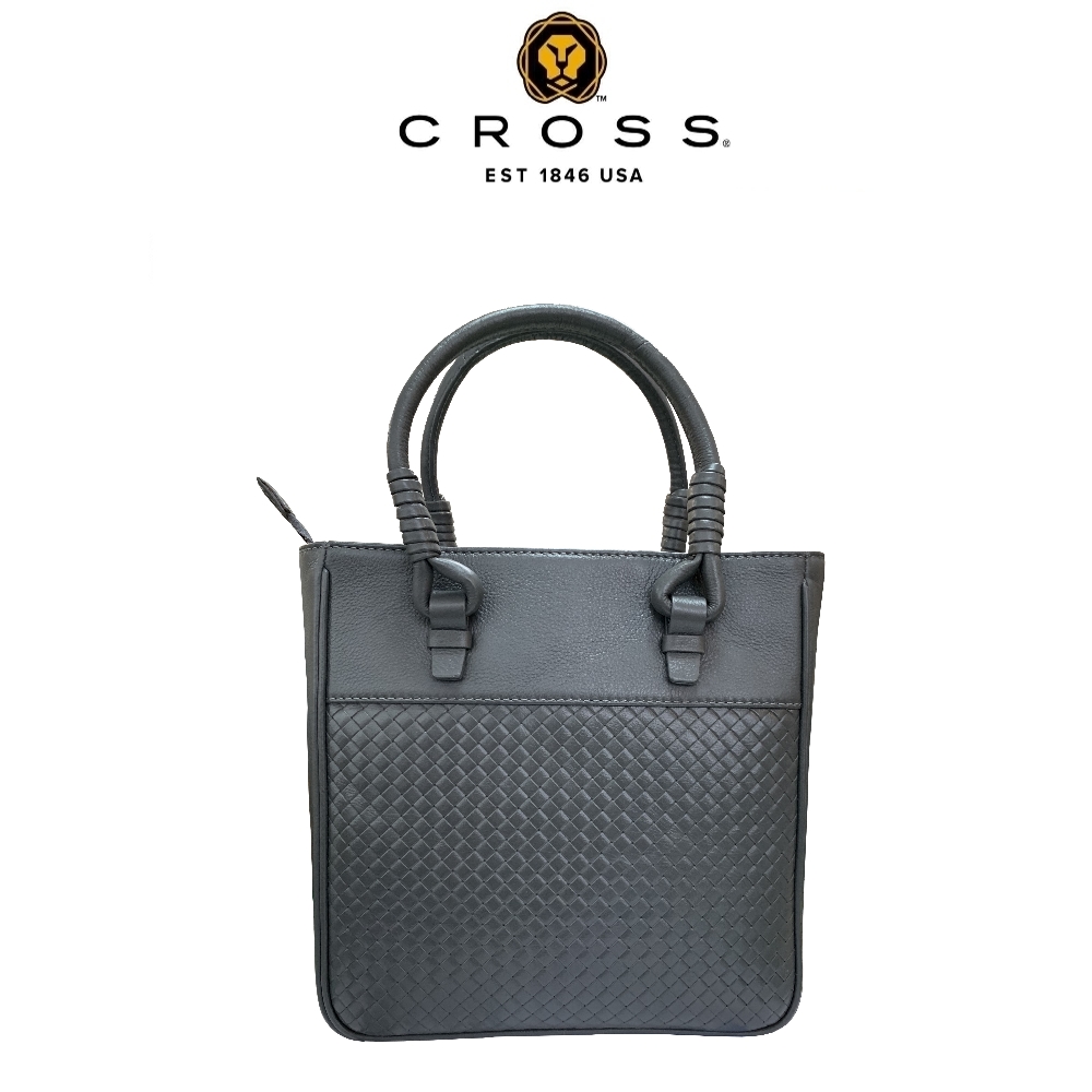 CROSS 限量1折 經典小牛皮編織紋拉鍊手提包/拖特包 專櫃展示品99%新(灰色)